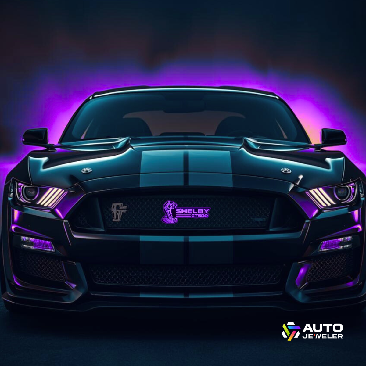 Mustang Shelby GT500 RGB Flow Series Emblem installed on Mustang glowing purple