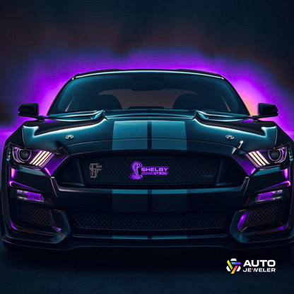 Mustang Shelby GT500 RGB Flow Series Emblem installed on Mustang glowing purple