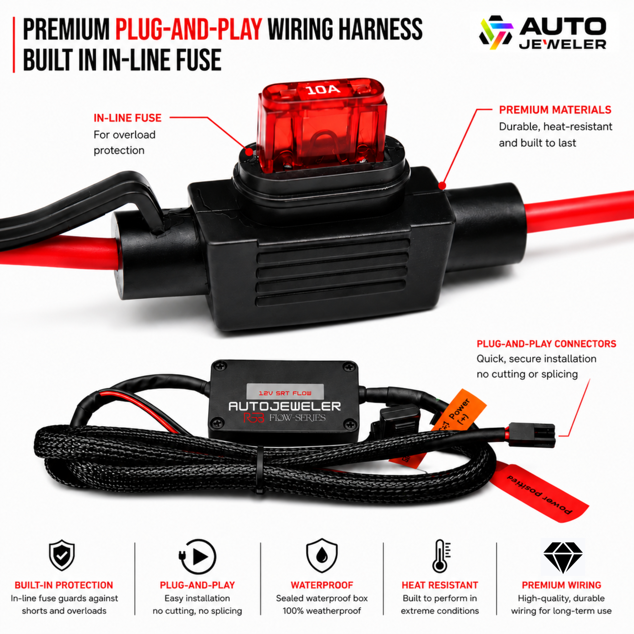 AutoJeweler Premium plug-and-play wiring harness with built-in in-line fuse, waterproof controller box, heat-resistant wiring, and JST connectors.