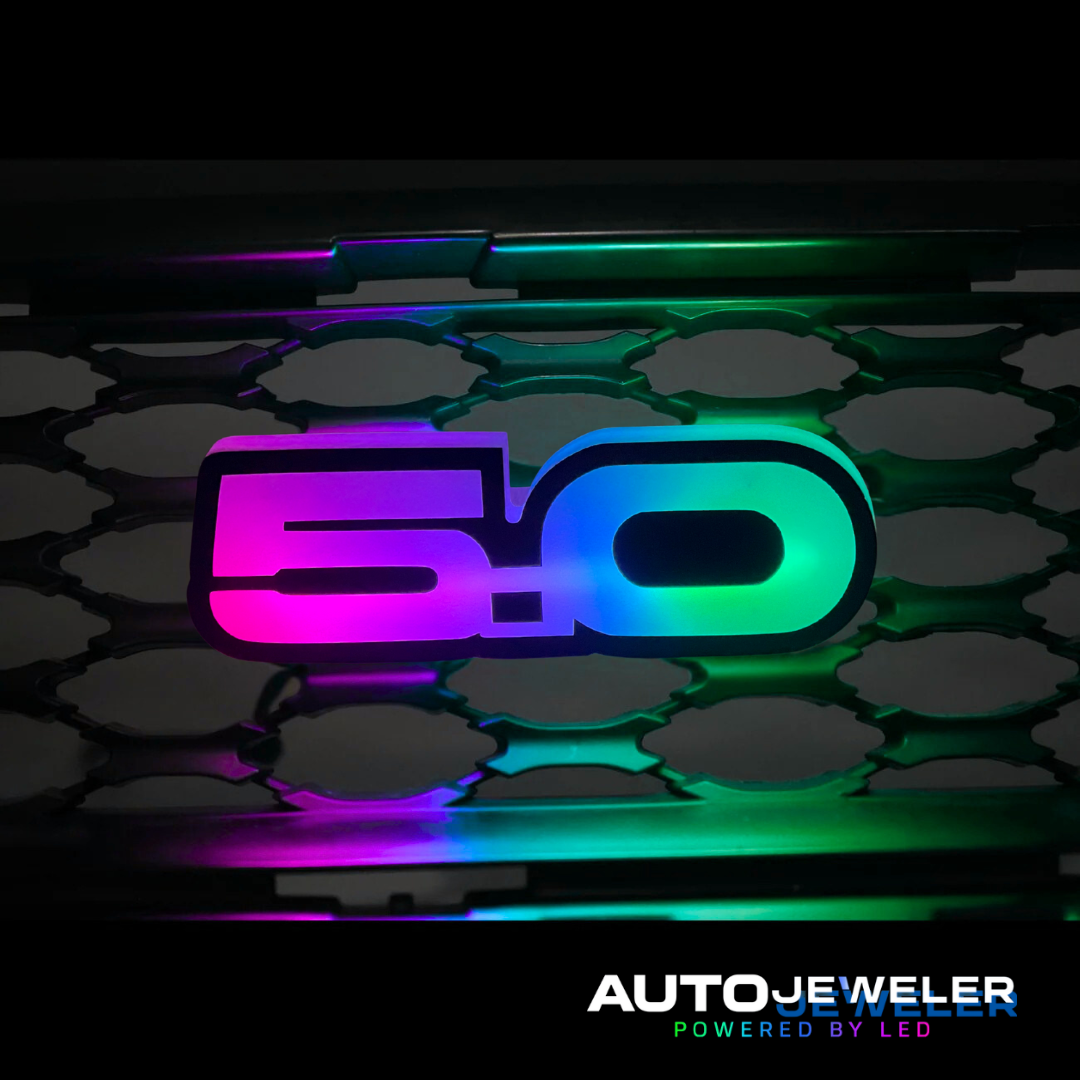 Video of the AutoJeweler  Mustang GT 5.0 RGB Flow-Series Grille Emblem in action- music sync, color chasing mode