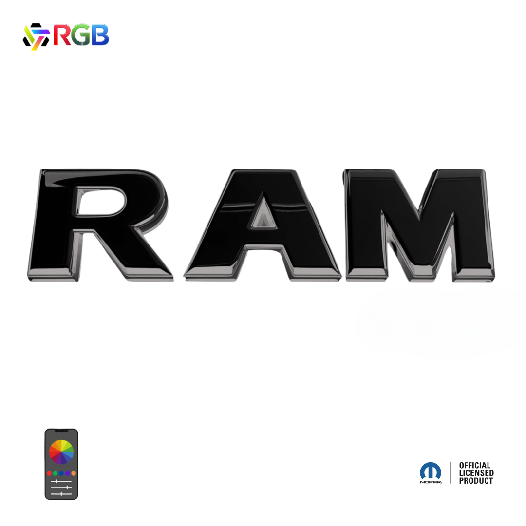 2019–2023 RAM 1500 black lighted grille emblem with RGB LED lighting, Mopar Official Licensed Product, AutoJeweler branding, remote app control