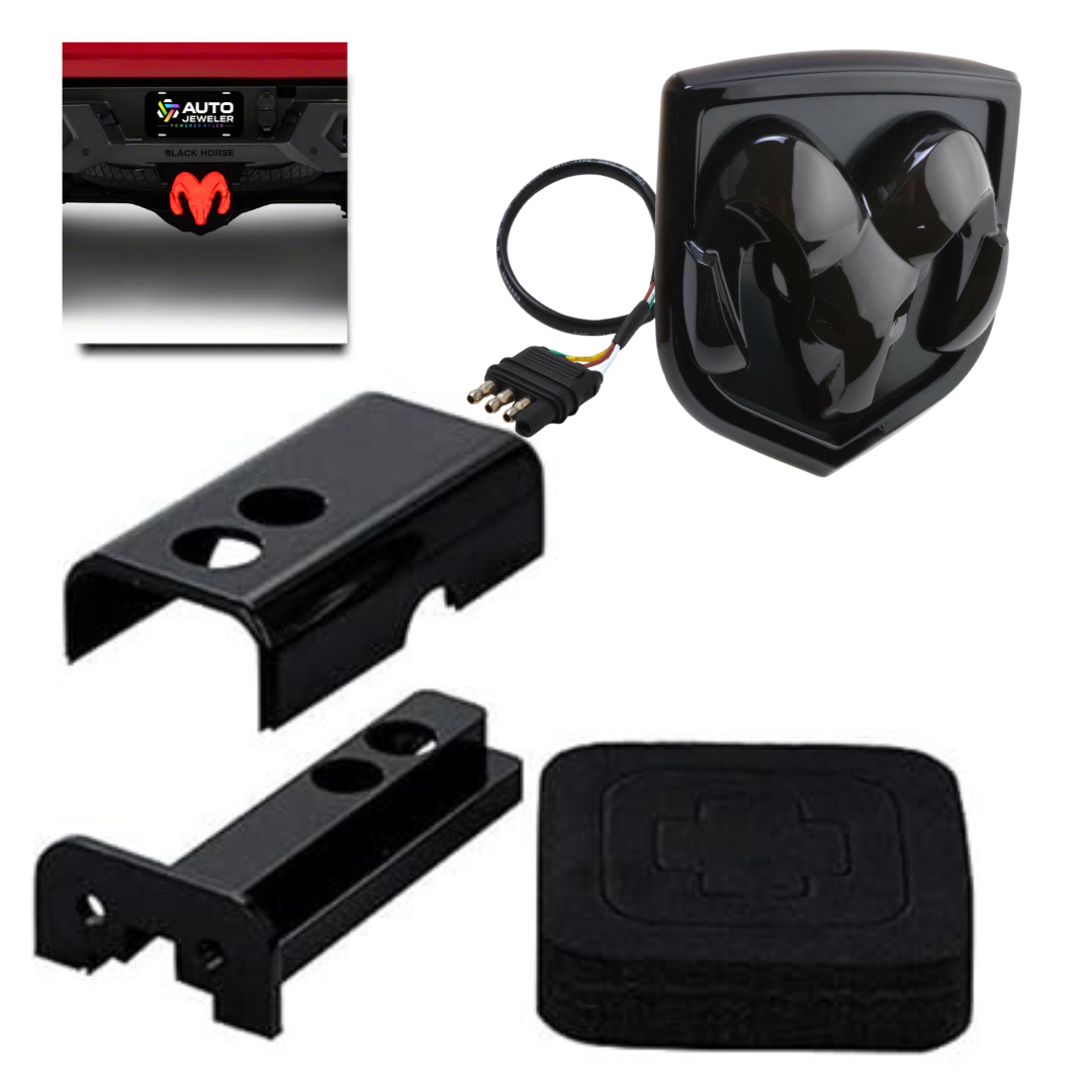 RAM lighted hitch cover kit contents including mounting brackets and wiring