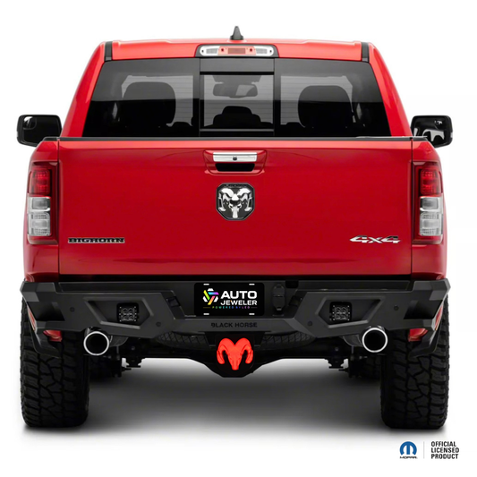 Black RAM lighted hitch cover with red LED installed on RAM truck rear view