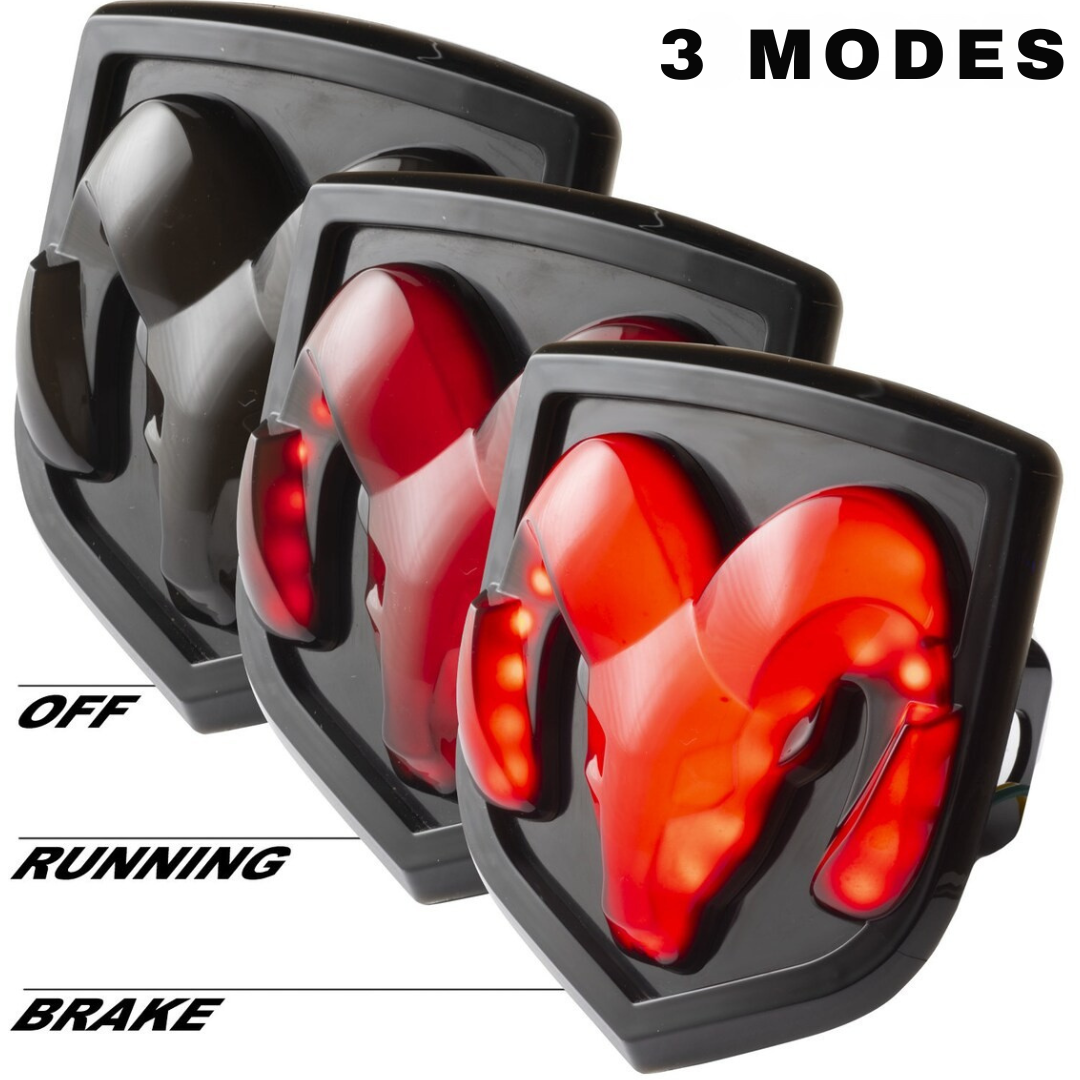 RAM lighted hitch cover showing off running and brake light modes in red