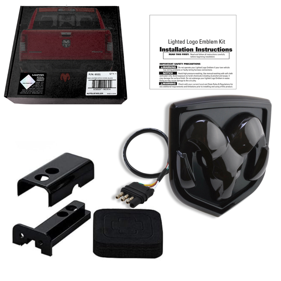 RAM lighted hitch cover packaging with installation instructions and components