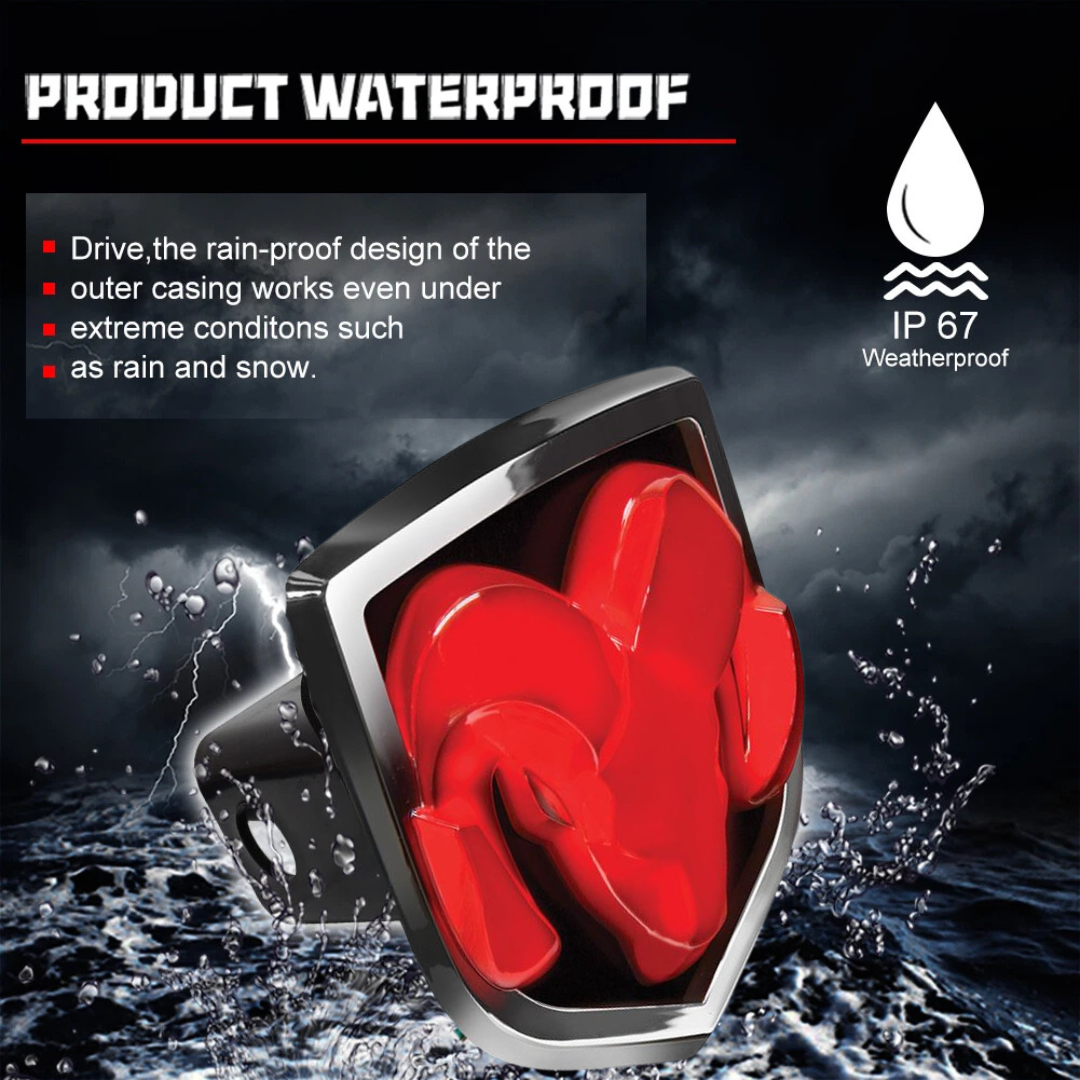 Red illuminated RAM hitch cover showing IP67 waterproof design in rain and storm conditions