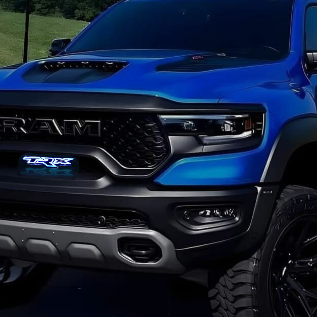 RAM TRX truck front grille featuring illuminated TRX LED emblem installed on vehicle