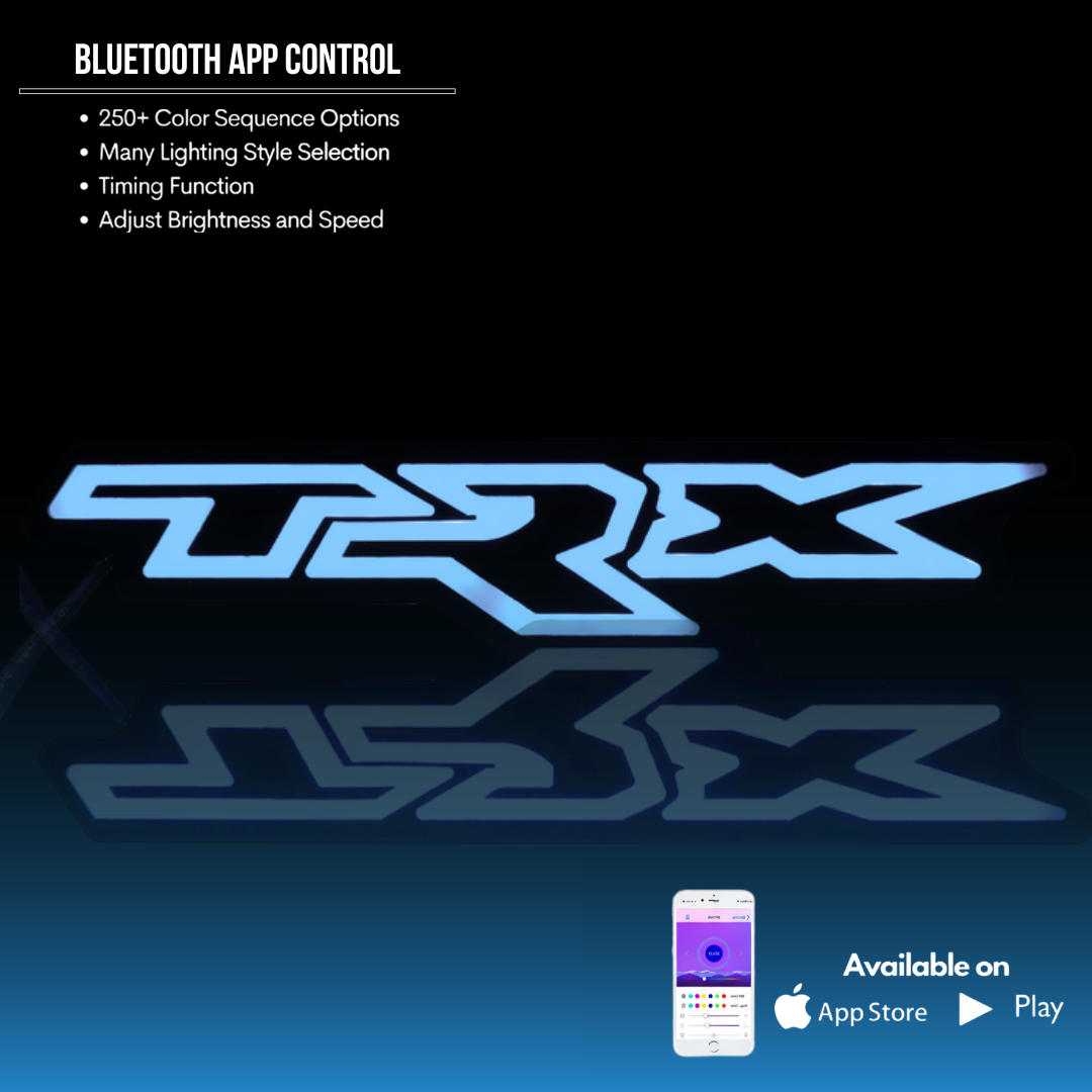 RAM TRX RGB LED grille emblem with Bluetooth app control featuring color sequences, brightness, and speed adjustment
