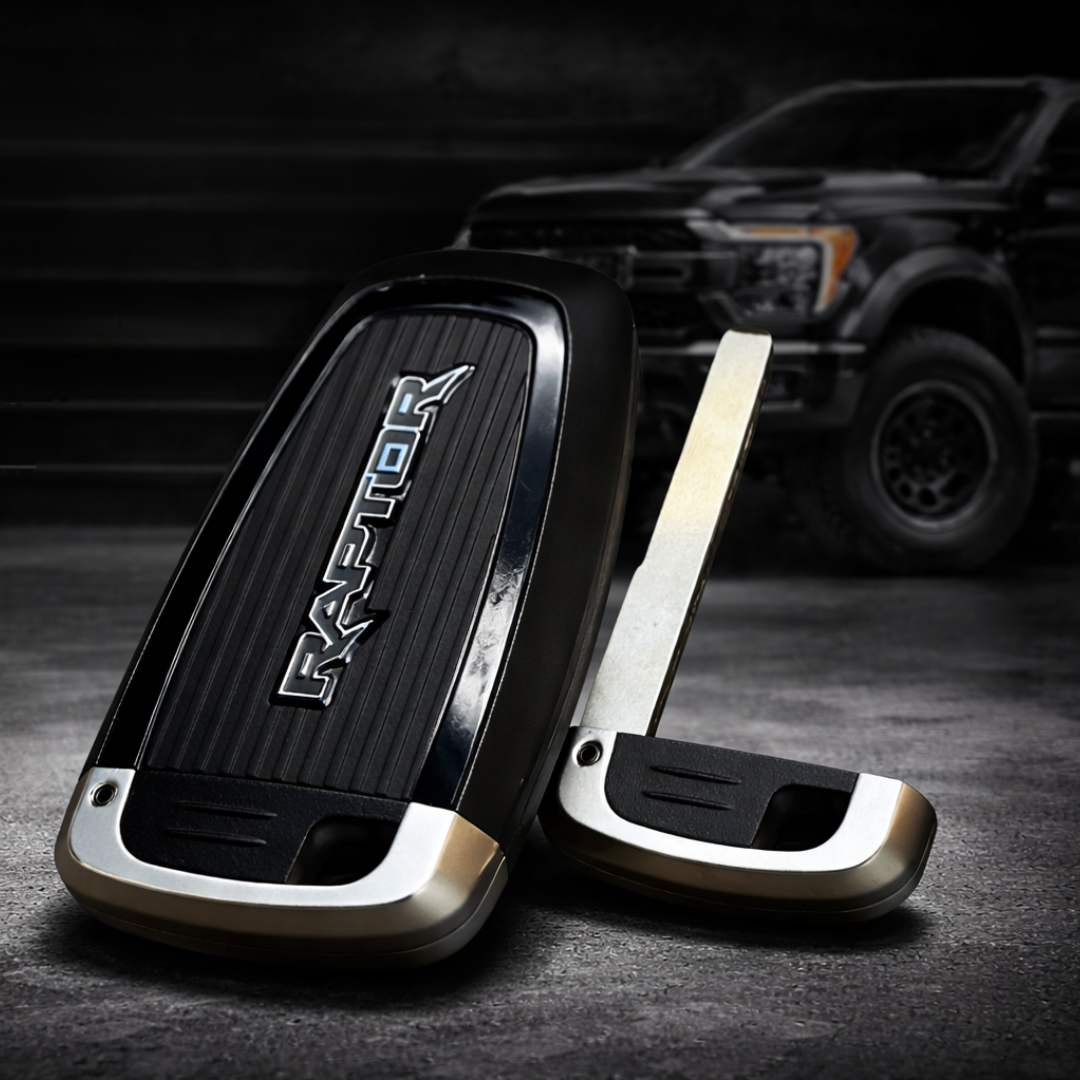 Raptor key fob shell cover replacement with RAPTOR logo shown with flip key blade, premium black key shell compatible with Ford Raptor trucks