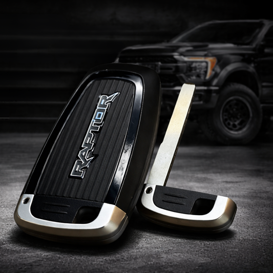Raptor key fob shell cover replacement with RAPTOR logo shown with flip key blade, premium black key shell compatible with Ford Raptor trucks