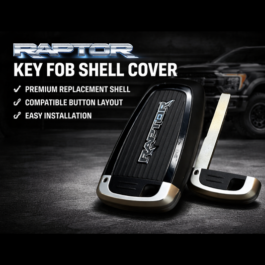 Raptor key fob shell cover replacement with RAPTOR logo shown with flip key blade, premium black key shell compatible with Ford Raptor trucks
