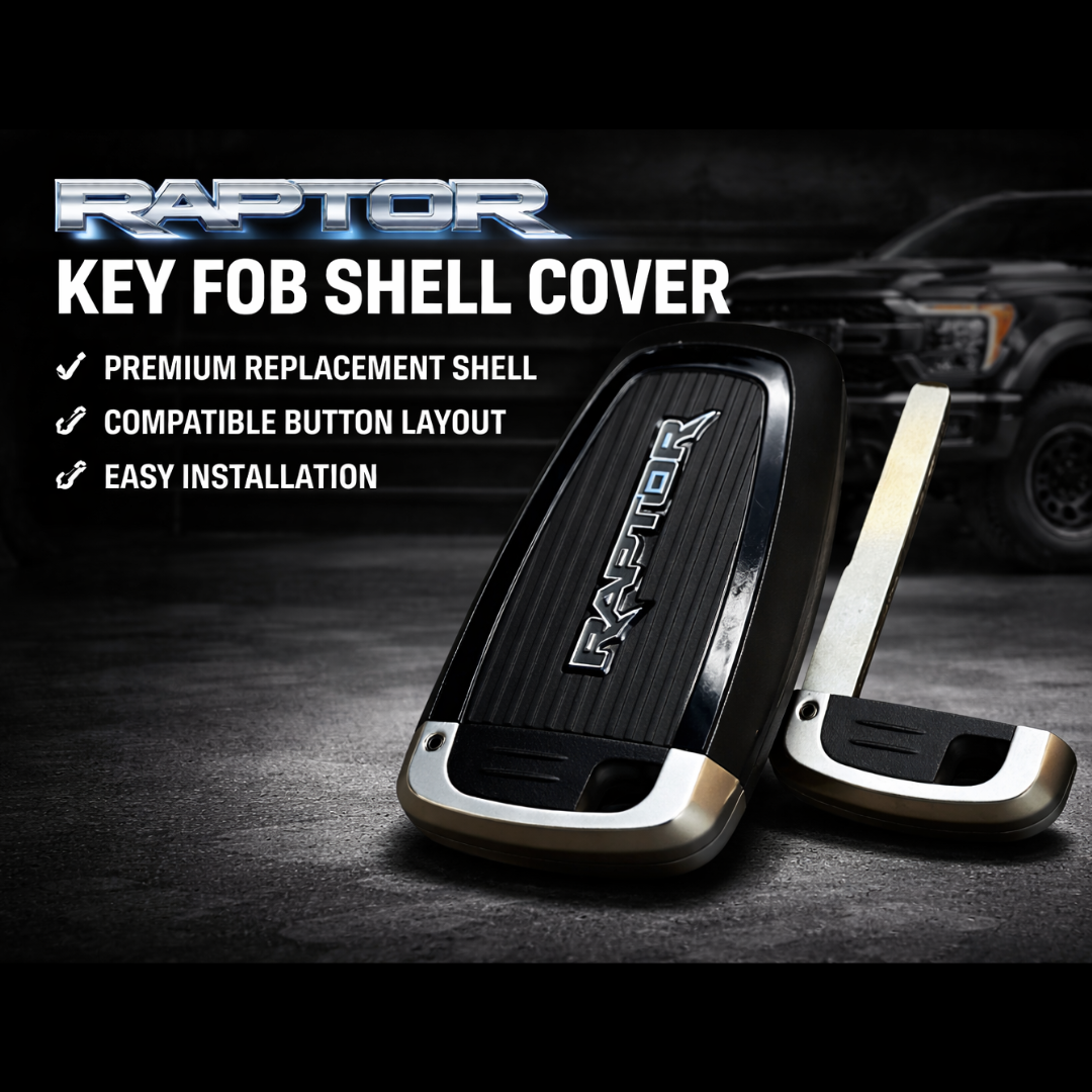 Raptor key fob shell cover replacement with RAPTOR logo shown with flip key blade, premium black key shell compatible with Ford Raptor trucks