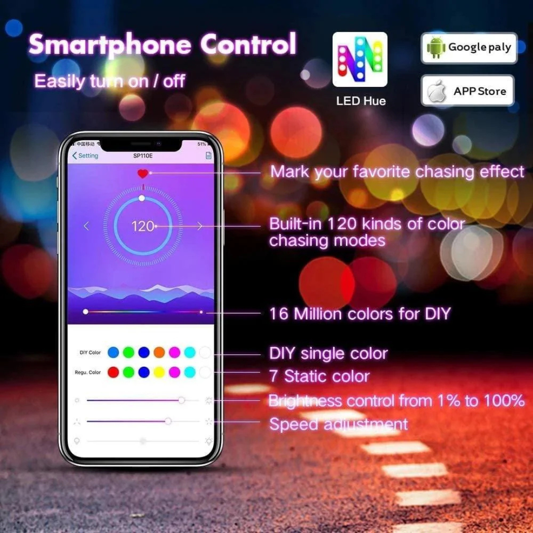 RGB Flow Series LED lights smartphone app control showing LED Hue app with 120 lighting modes and 16 million color options