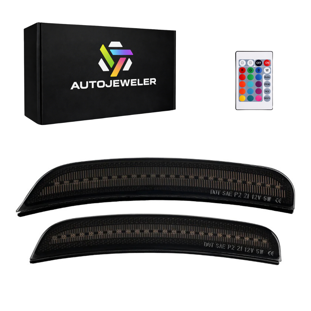 RGB LED front side marker lights 2-piece kit for Dodge Durango with smoked lens, remote control, and AutoJeweler packaging