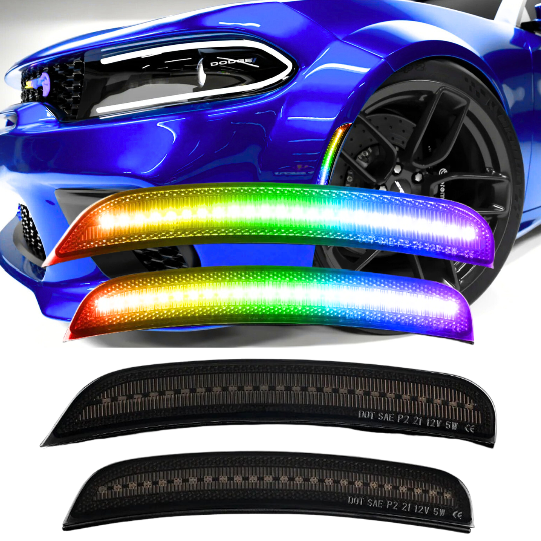 Front and rear RGB LED side marker lights with smoked lens showing rainbow illumination and OEM replacement housings