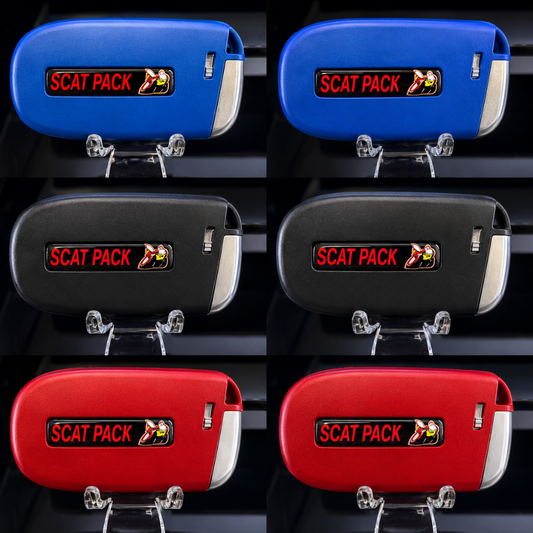 Scat Pack key fob shell color options in black, red, and blue for compatible Dodge Charger and Challenger keys.