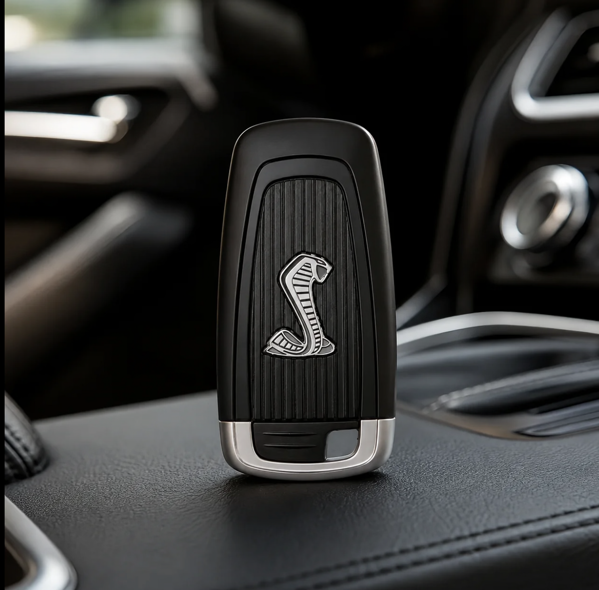 A black car key fob with a silver Cobra logo, standing upright on a black leather car center console.