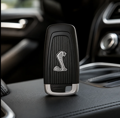 A black car key fob with a silver Cobra logo, standing upright on a black leather car center console.