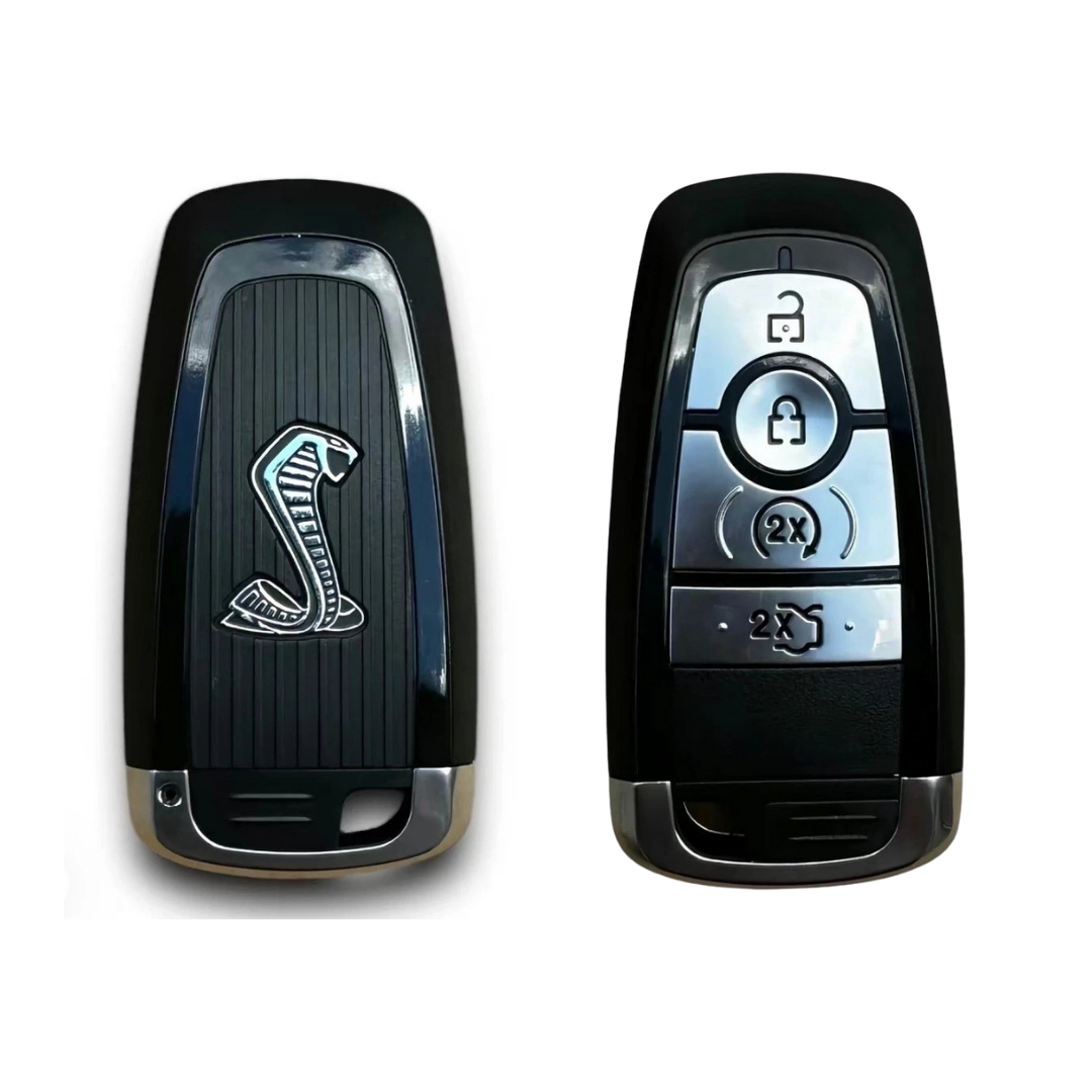 Shelby Cobra key fob shell front and button side showing lock unlock and remote start layout