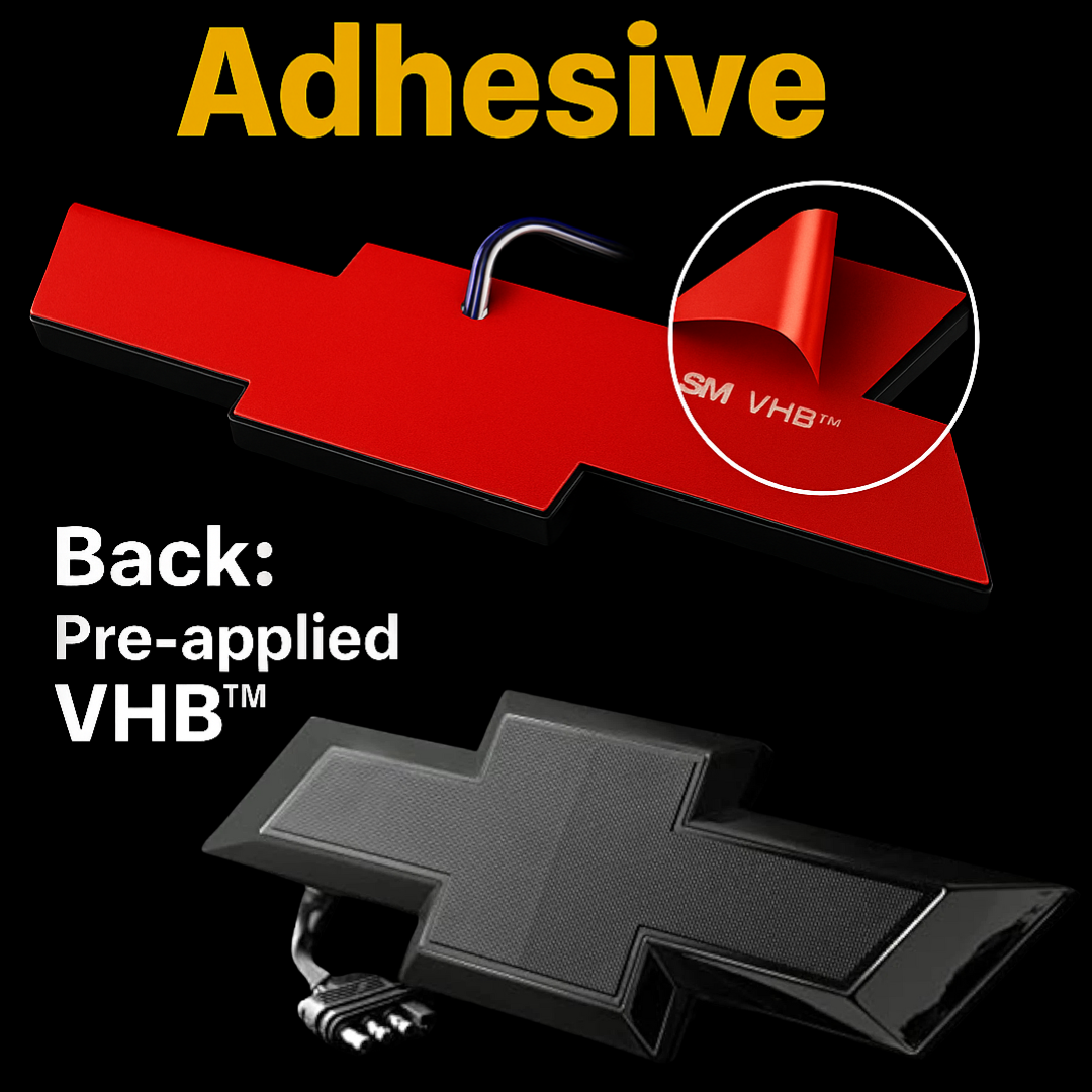 Backside of tailgate bowtie emblem showing pre-applied VHB™ adhesive with front emblem reference.
