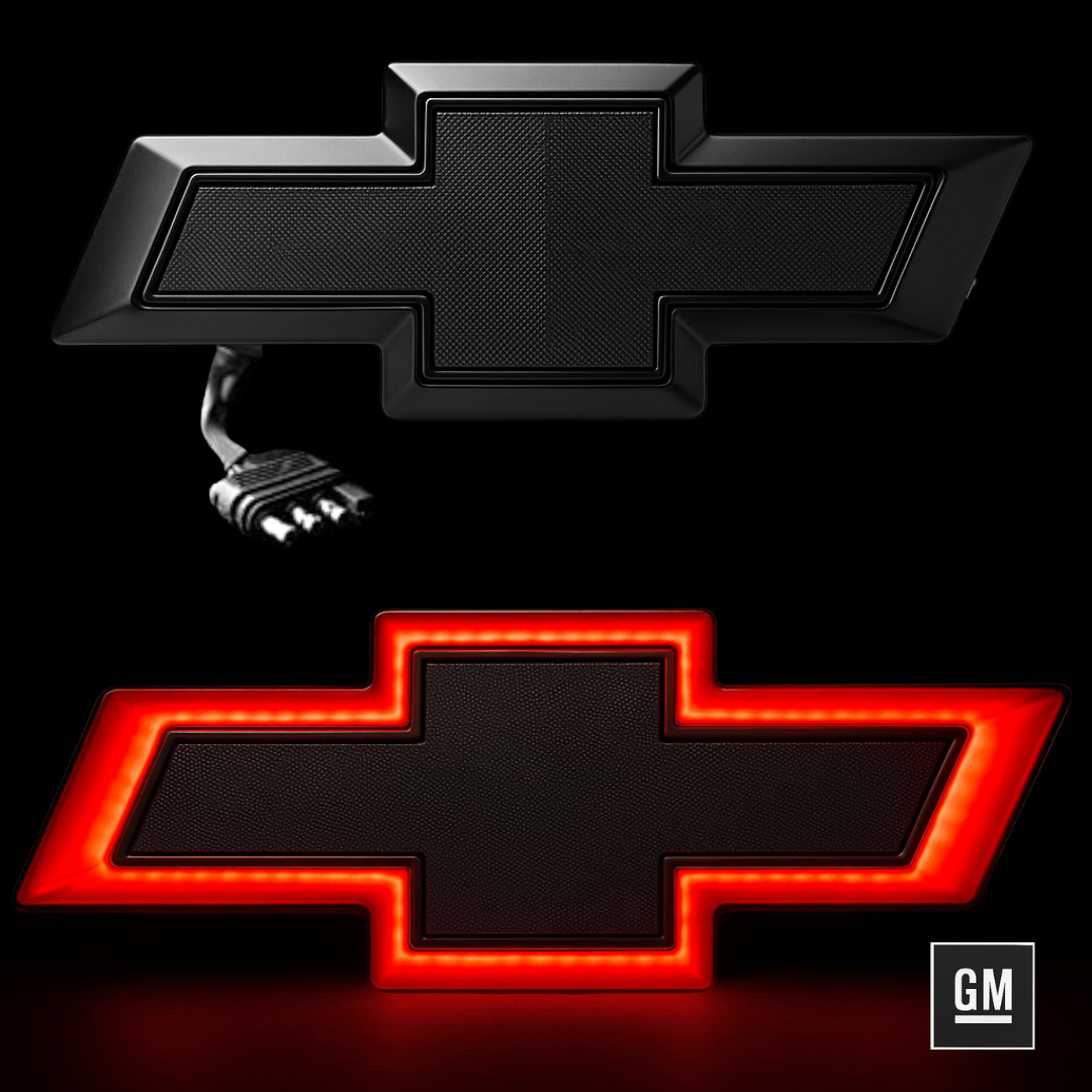 Chevy bowtie emblem shown powered OFF and ON with red LED glow and 4-pin trailer connector.