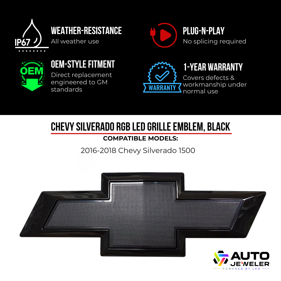 Product details and warranty information for the Chevy Silverado RGB LED grille emblem.
