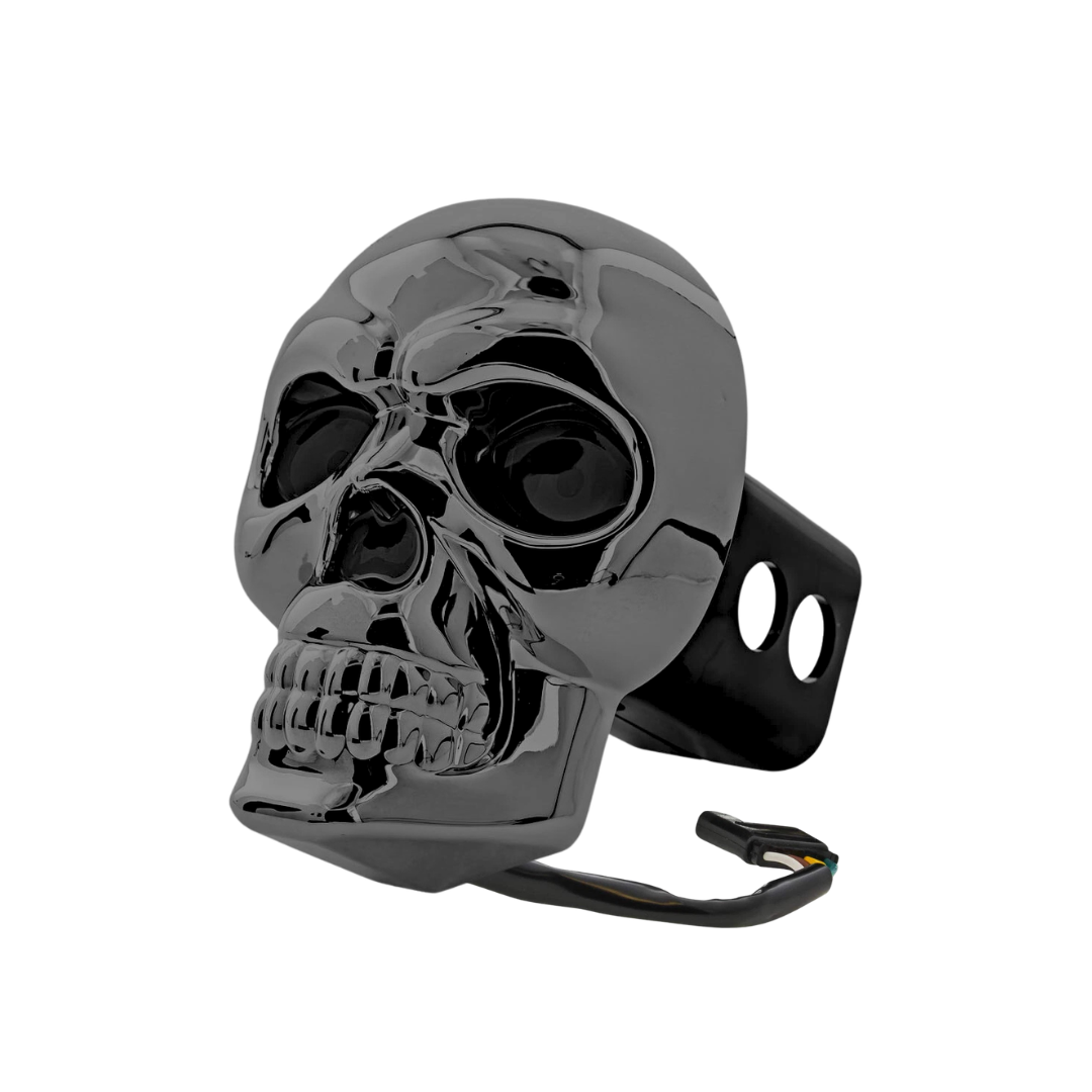 Black chrome skull LED lighted hitch receiver cover with 4-pin trailer connector, fits 1-1/4 inch and 2 inch hitch receivers, running and brake light function