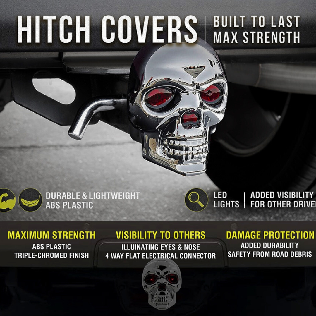 Chrome skull LED trailer hitch cover installed on truck showing illuminated eyes and brake light visibility with durable ABS construction features