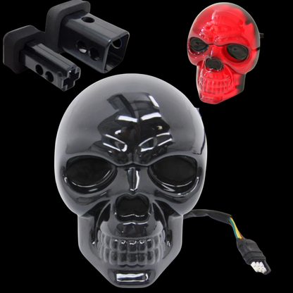 Skull LED trailer hitch cover kit with wiring harness adapters and illuminated red brake light accessory for 1.25 and 2 inch receivers