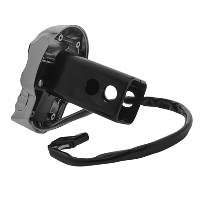 Rear view of skull LED lighted trailer hitch cover showing mounting tube and 4-pin flat wiring connector for brake and running lights