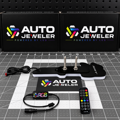 Rear view of SRT Bee Flow Series LED emblem showing mounting studs, wiring, RGB controller and remote