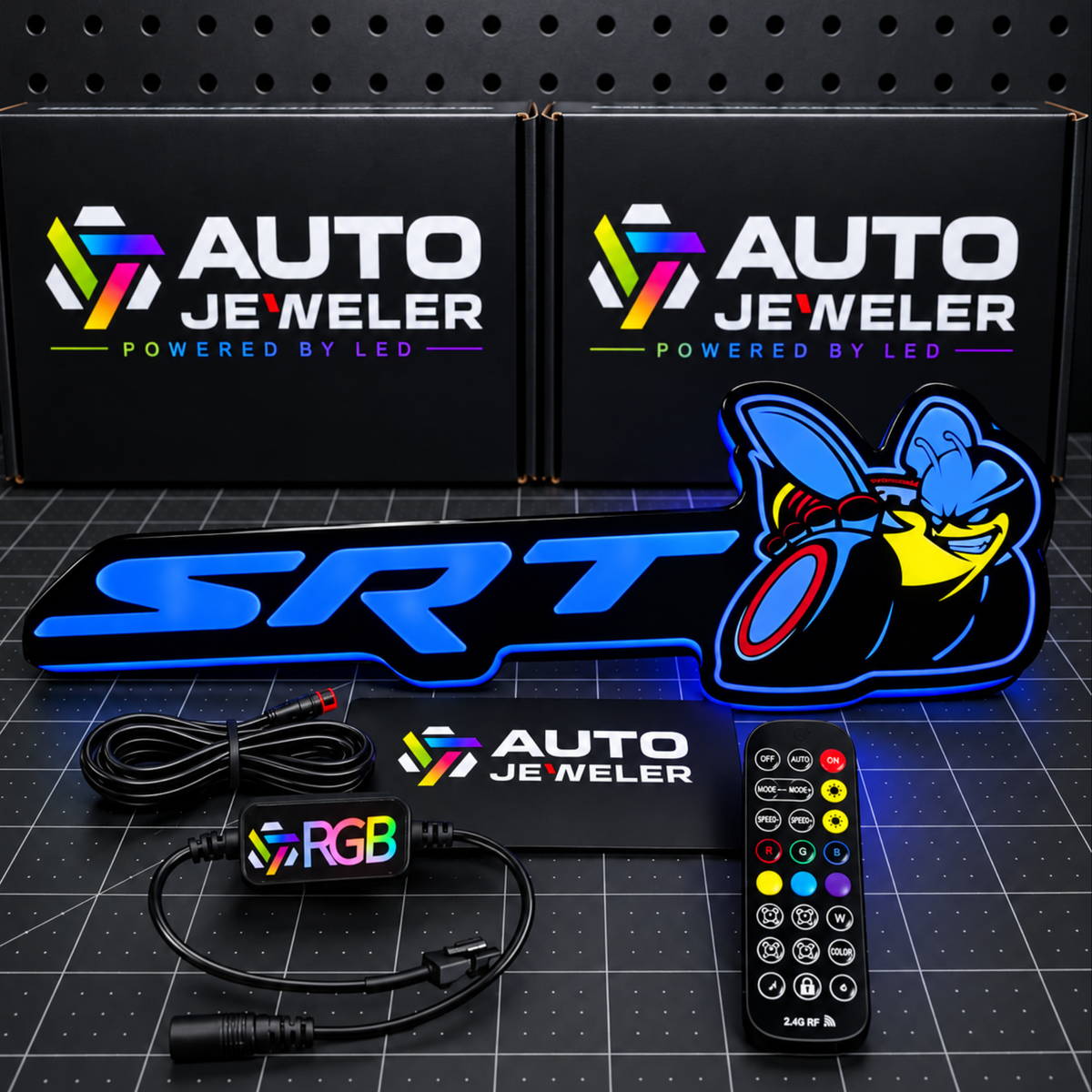 SRT Bee Flow Series RGB LED emblem illuminated blue with controller, remote and wiring