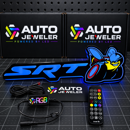SRT Bee Flow Series RGB LED emblem illuminated blue with controller, remote and wiring