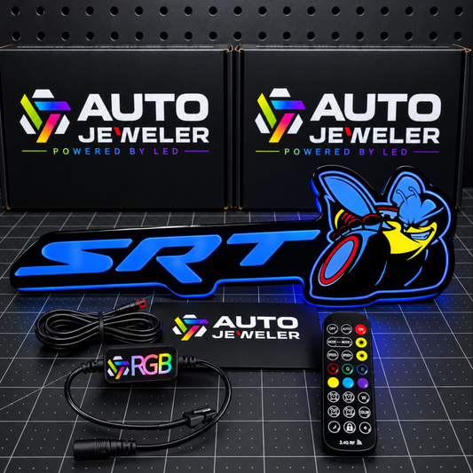 SRT Bee Flow Series RGB LED emblem illuminated blue with controller, remote and wiring