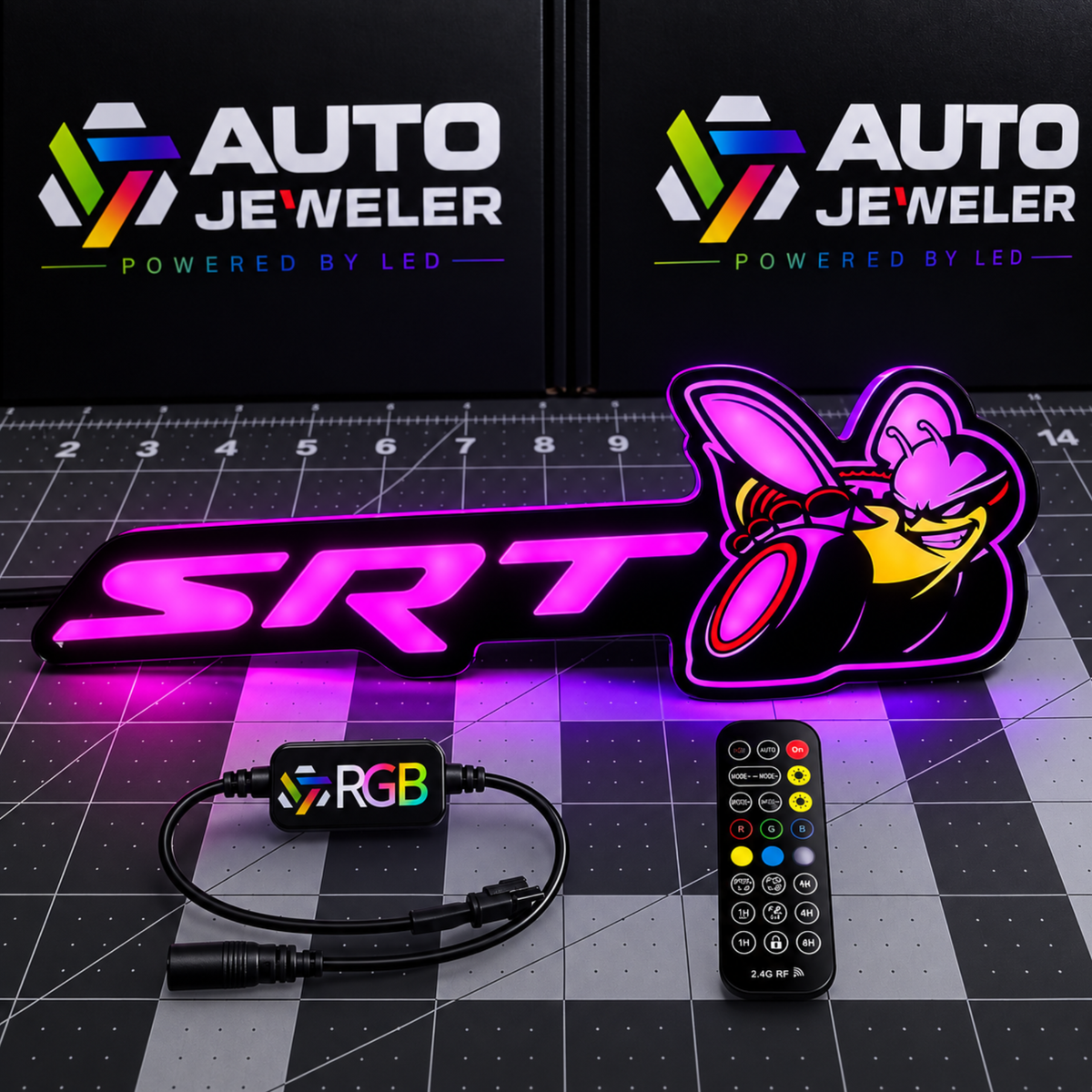 SRT scat Bee Flow Series RGB LED emblem glowing pink with controller, remote and complete lighting kit
