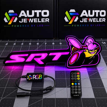 SRT scat Bee Flow Series RGB LED emblem glowing pink with controller, remote and complete lighting kit