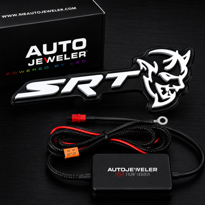 AutoJeweler SRT Demon RGB Flow Series LED emblem with controller module, wiring harness and retail packaging.