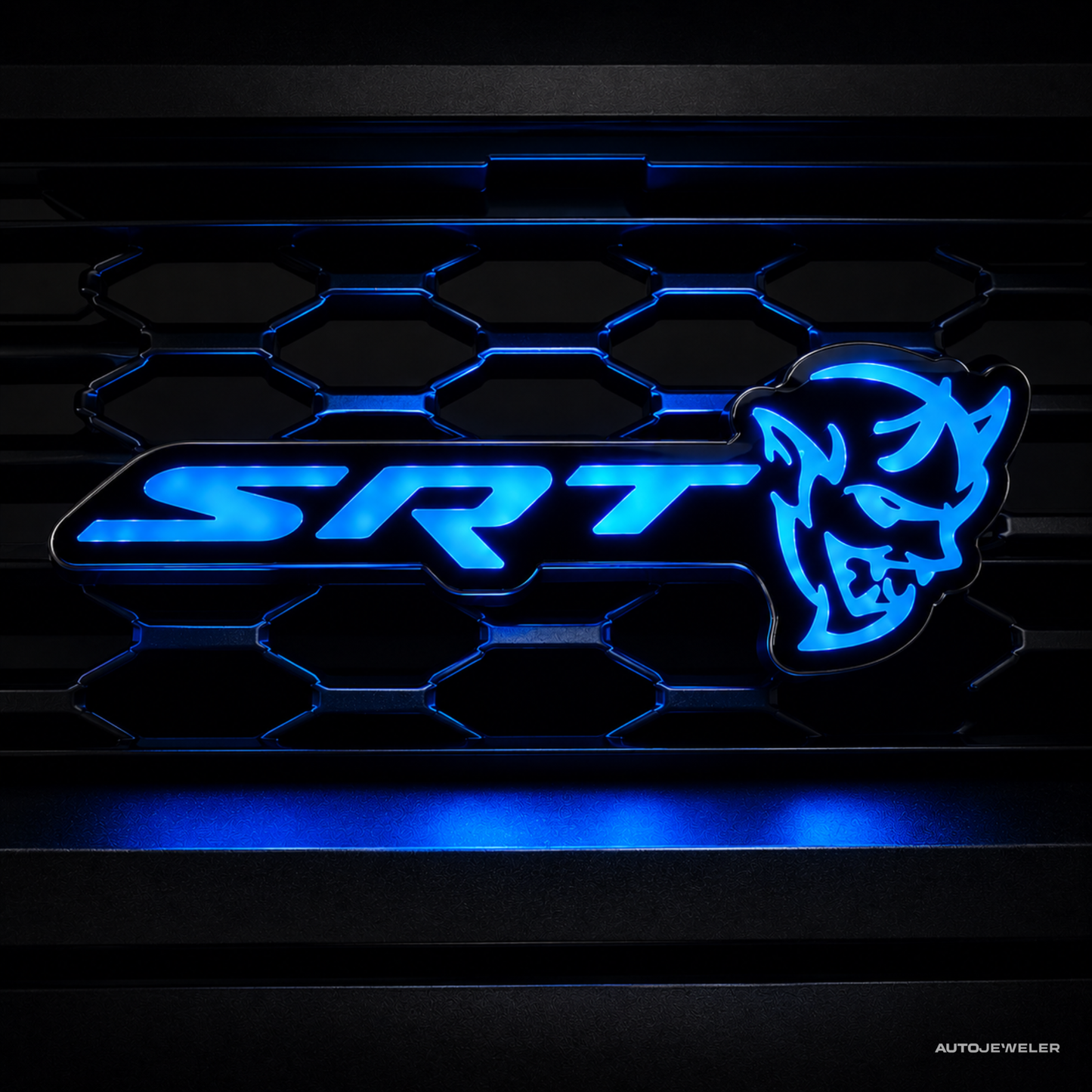 SRT Demon LED emblem illuminated in blue static color mode with gloss black housing.