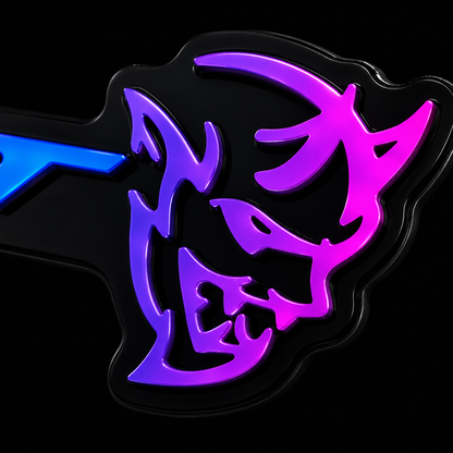 Close-up view of illuminated Demon head logo showing premium acrylic construction and RGB LED lighting detail.