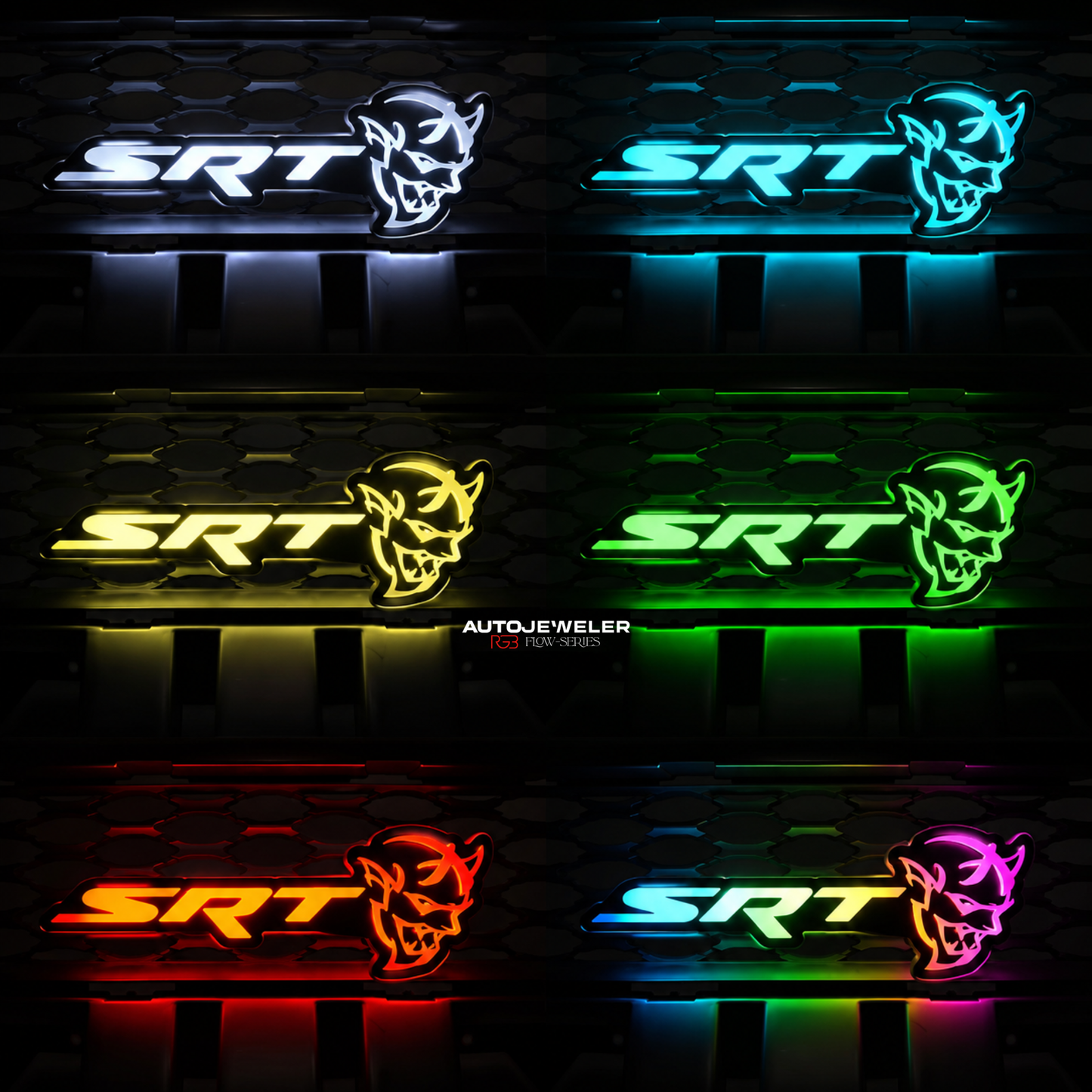 SRT Demon LED emblem displaying multiple lighting modes including white, blue, yellow, green, red and RGB color effects.