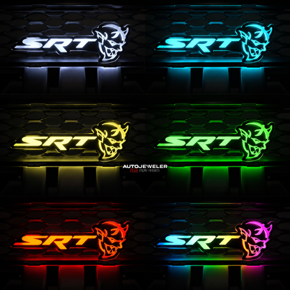 SRT Demon LED emblem displaying multiple lighting modes including white, blue, yellow, green, red and RGB color effects.