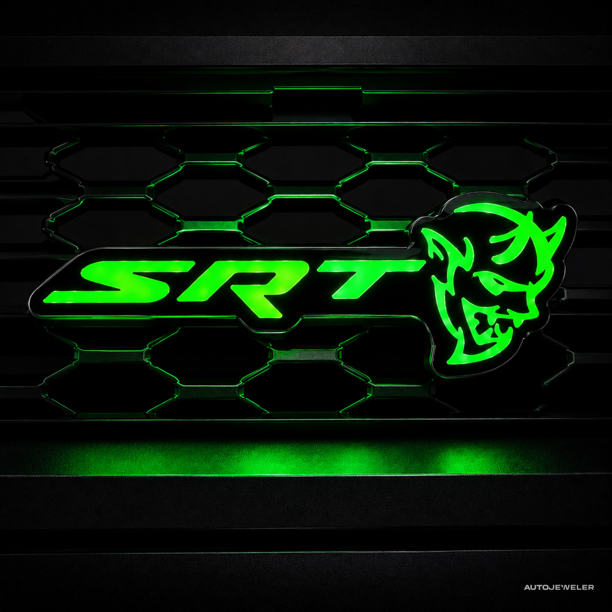 SRT Demon LED emblem illuminated in vivid green static color mode with gloss black housing.