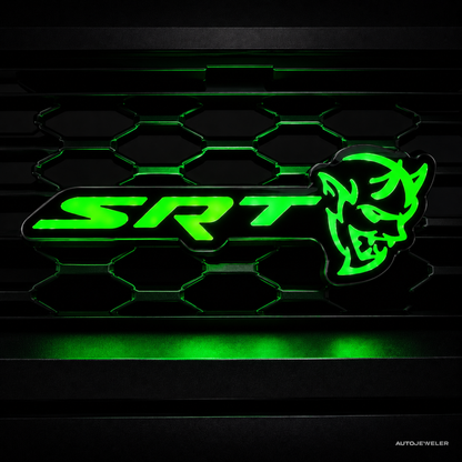 SRT Demon LED emblem illuminated in vivid green static color mode with gloss black housing.