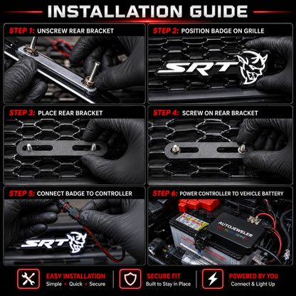 Step-by-step installation guide for AutoJeweler SRT Demon LED grille emblem including mounting hardware and controller connection instructions.