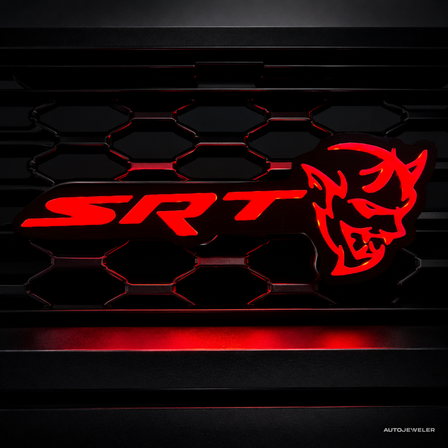 SRT Demon LED emblem illuminated in bright red static color mode for Dodge Charger and Challenger customization.