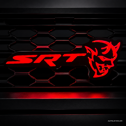 SRT Demon LED emblem illuminated in bright red static color mode for Dodge Charger and Challenger customization.