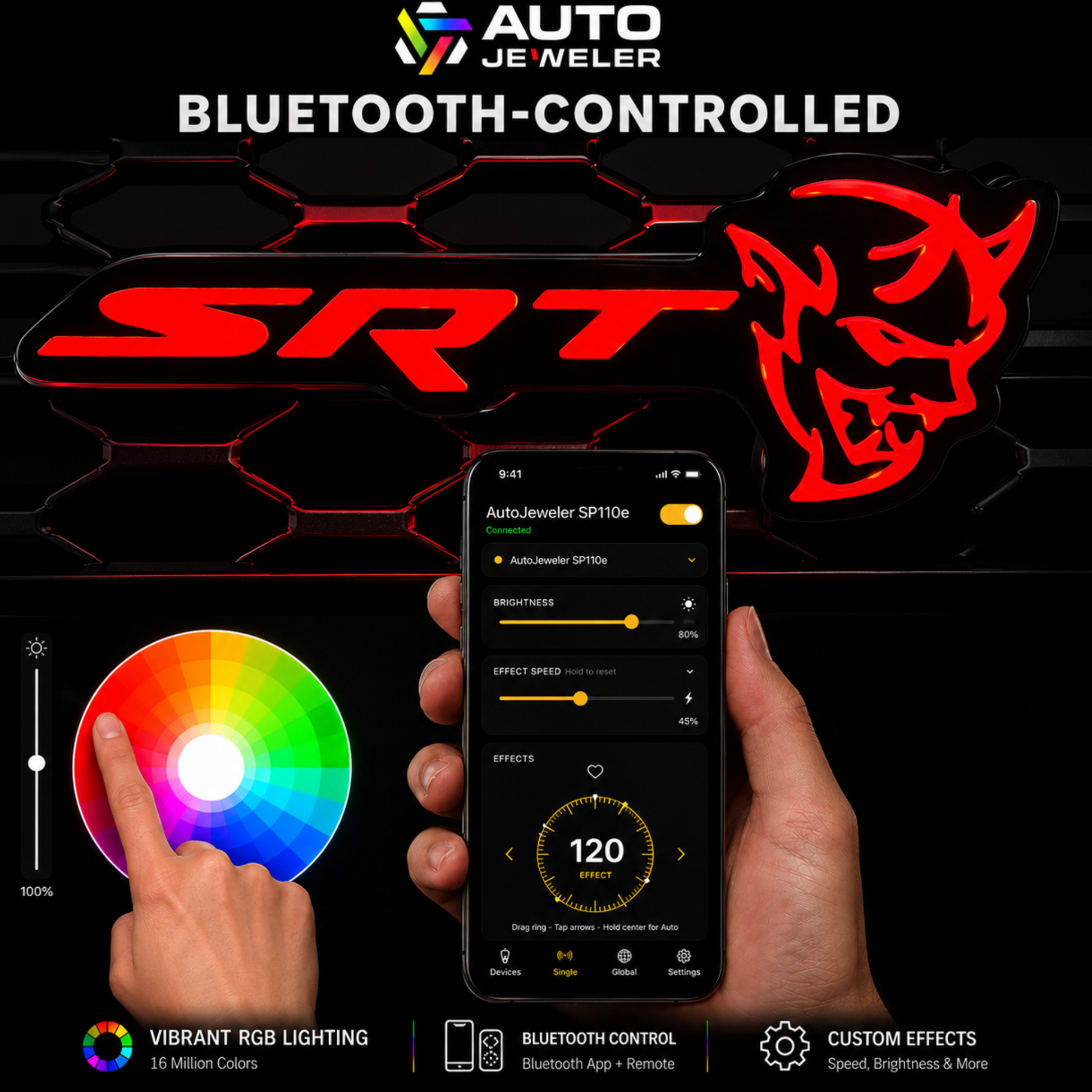 Bluetooth-controlled SRT Demon RGB LED emblem with smartphone app showing color selection, brightness adjustment and lighting effects.