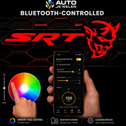 Bluetooth-controlled SRT Demon RGB LED emblem with smartphone app showing color selection, brightness adjustment and lighting effects.