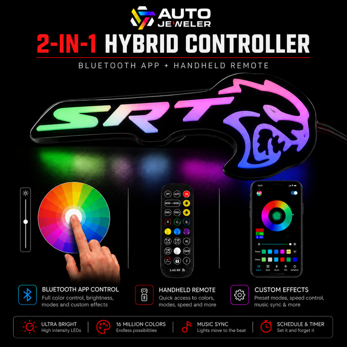SRT Hellcat Flow Series LED emblem with 2-in-1 Bluetooth app and handheld RF remote control features