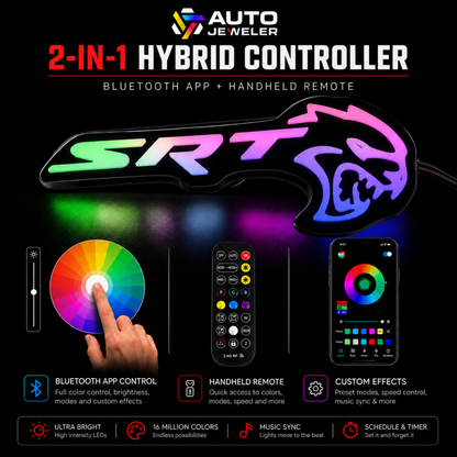 SRT Hellcat Flow Series LED emblem with 2-in-1 Bluetooth app and handheld RF remote control features